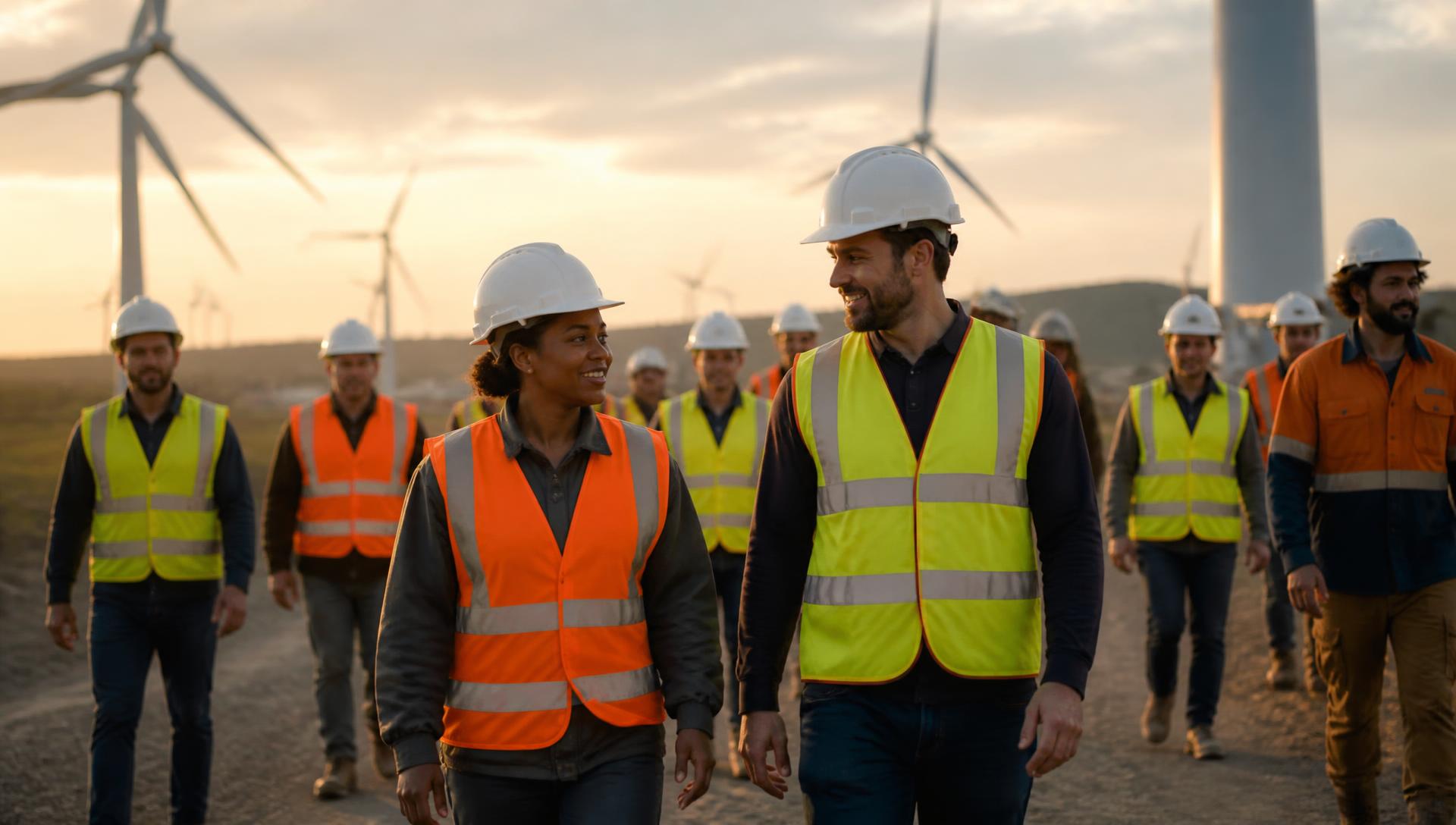 Australian workforce crew walking a renewable energy construction site at sunset